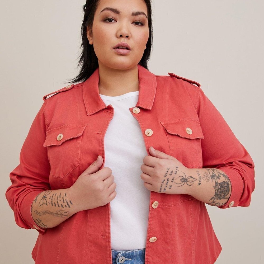Torrid - Stretch Twill Peplum Utility Jacket in Baked Apple​​​​​​​​​​​